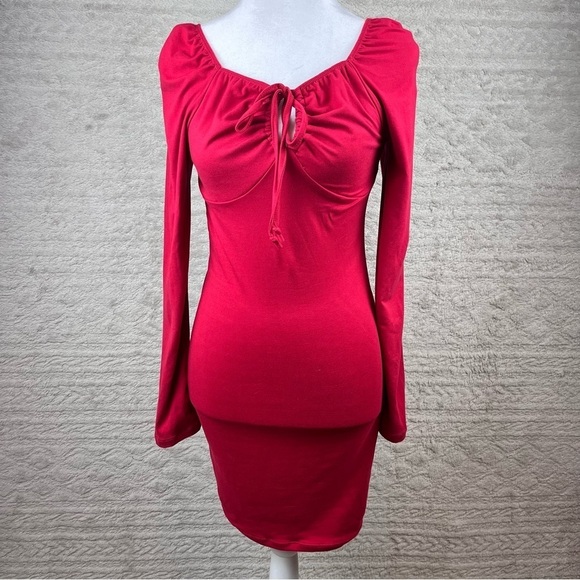 LIBERTY LOVE Milk Maid Y2K Dress Medium 90's Cherry Red Keyhole Bodice Stretchy - Picture 7 of 11